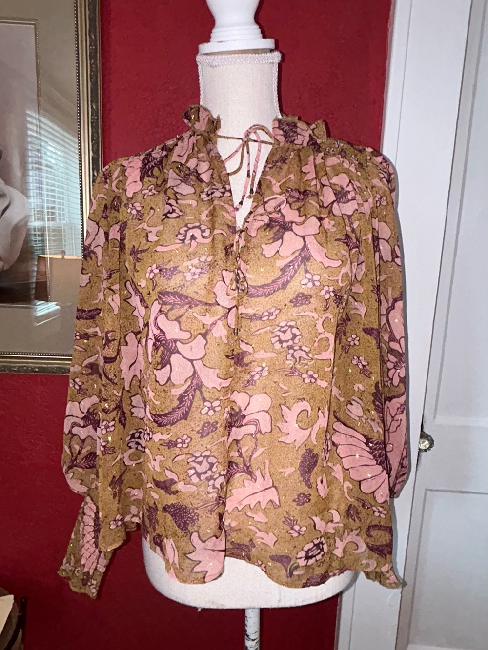 Womens Pink Floral Tie-Neck sheer Blouse size small by O.P.T.